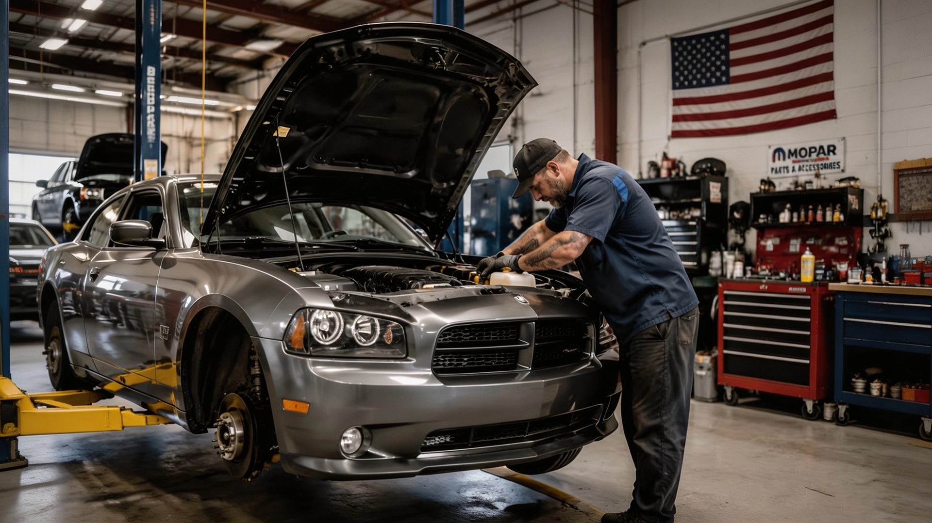 Auto body repair workshop with a car being inspected for hail damage in Colorado Springs